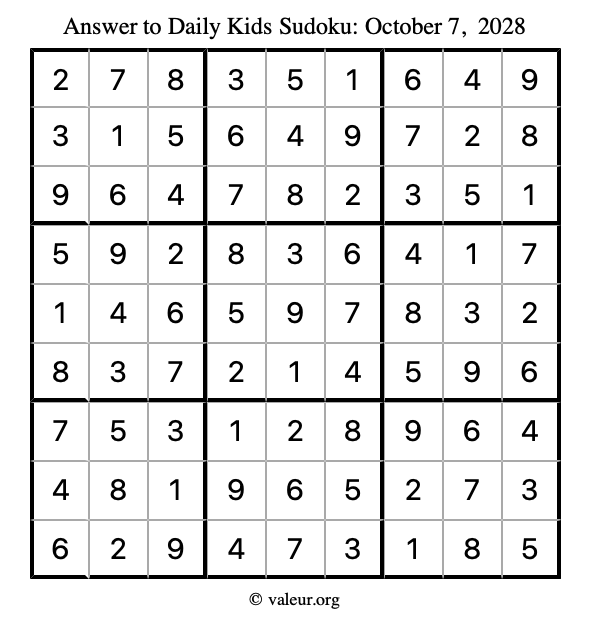 Answer to kids sudoku October 7, 2028