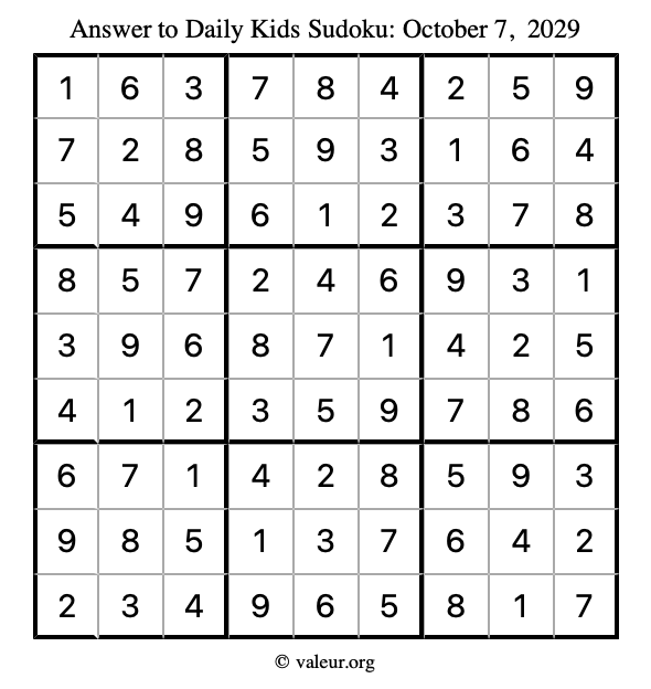 Answer to kids sudoku October 7, 2029