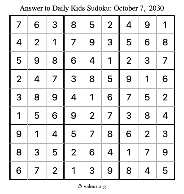Answer to kids sudoku October 7, 2030