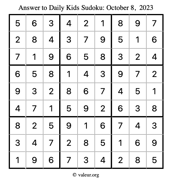 Answer to kids sudoku October 8, 2023