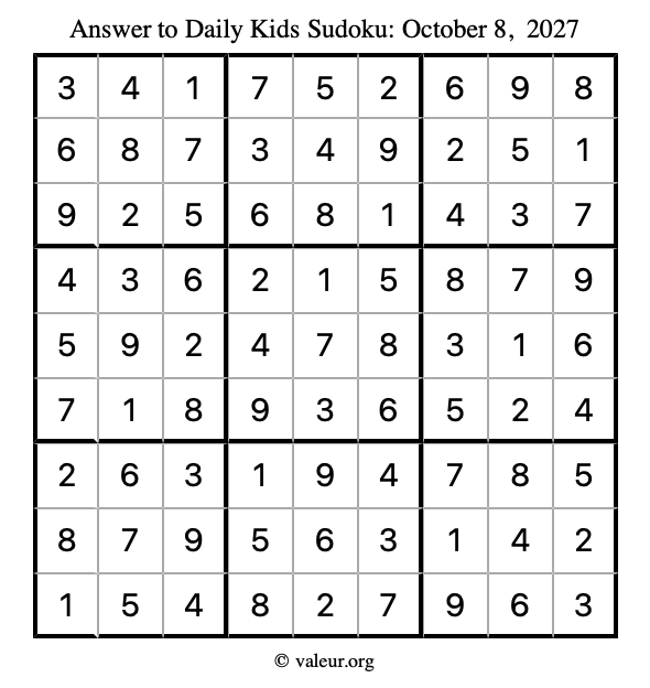 Answer to kids sudoku October 8, 2027