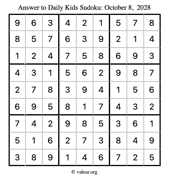 Answer to kids sudoku October 8, 2028