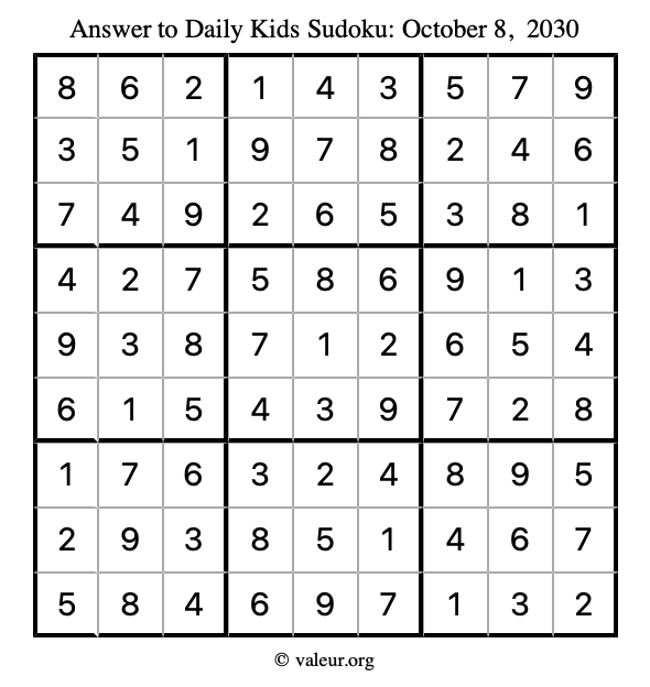 Answer to kids sudoku October 8, 2030