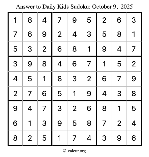 Answer to kids sudoku October 9, 2025