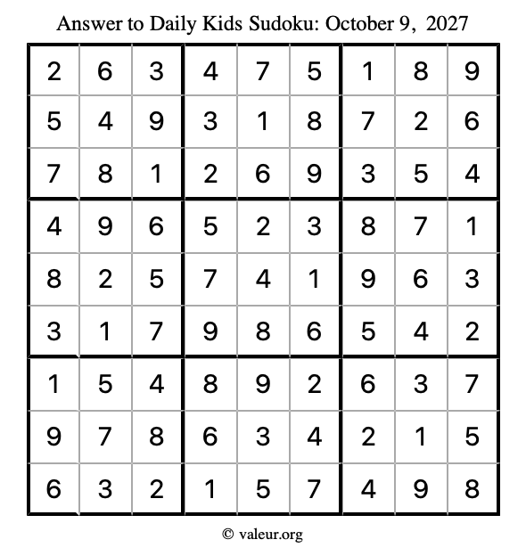 Answer to kids sudoku October 9, 2027