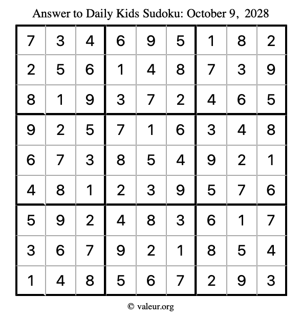 Answer to kids sudoku October 9, 2028