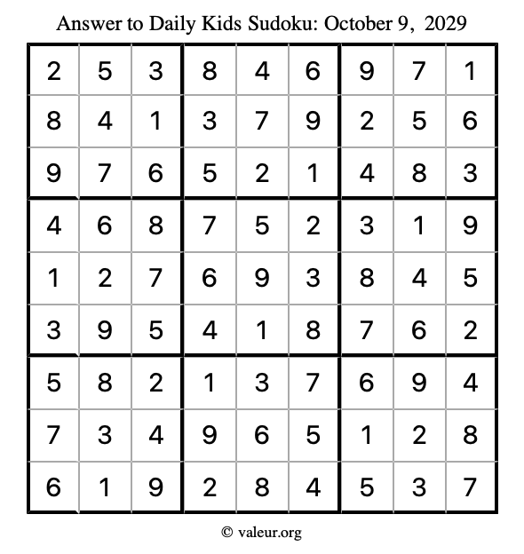 Answer to kids sudoku October 9, 2029