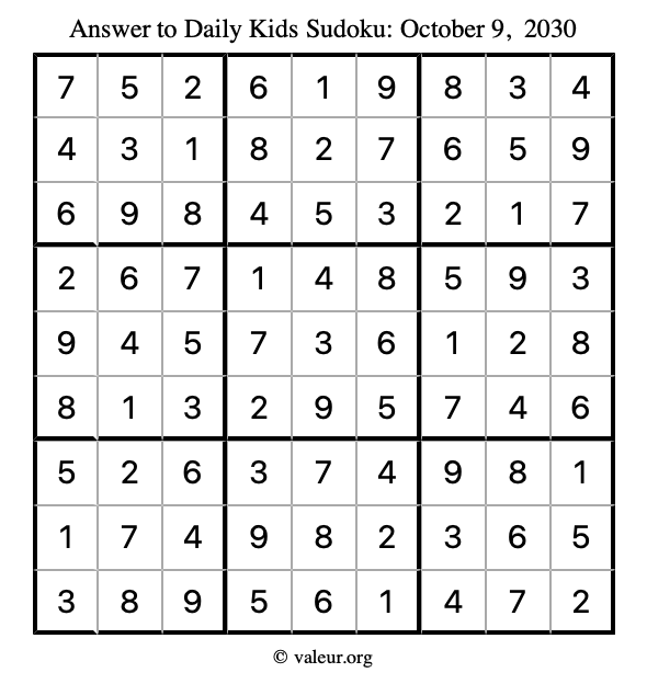 Answer to kids sudoku October 9, 2030