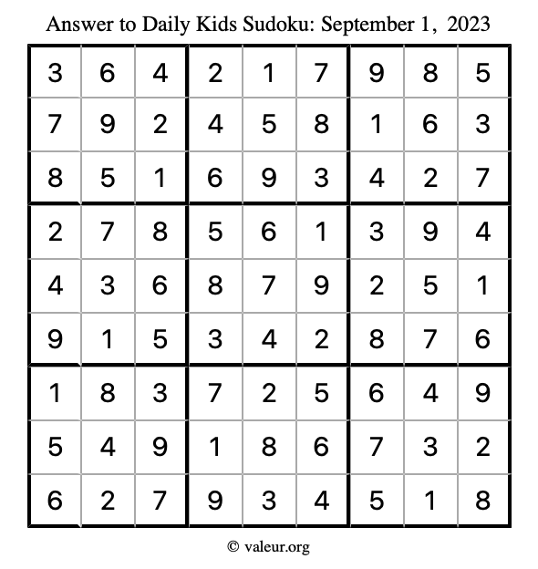 Answer to kids sudoku September 1, 2023
