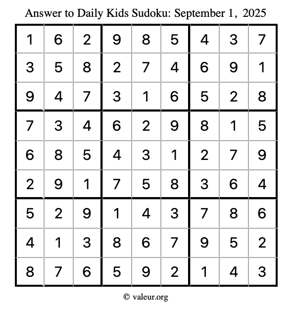 Answer to kids sudoku September 1, 2025
