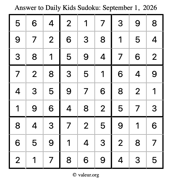 Answer to kids sudoku September 1, 2026