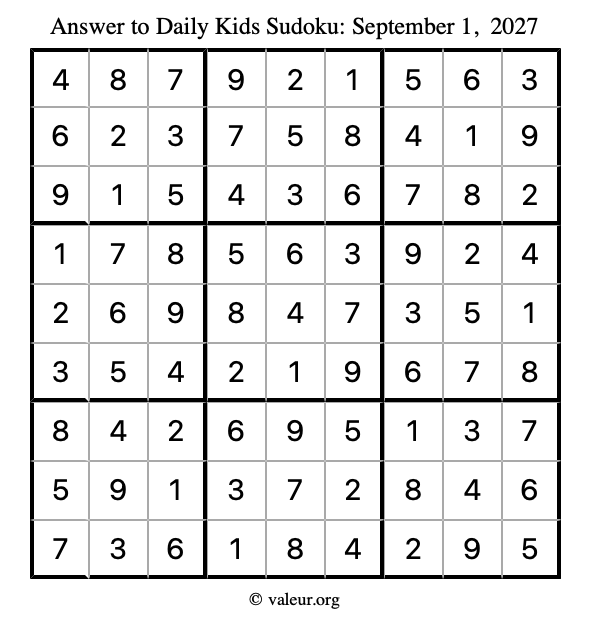 Answer to kids sudoku September 1, 2027