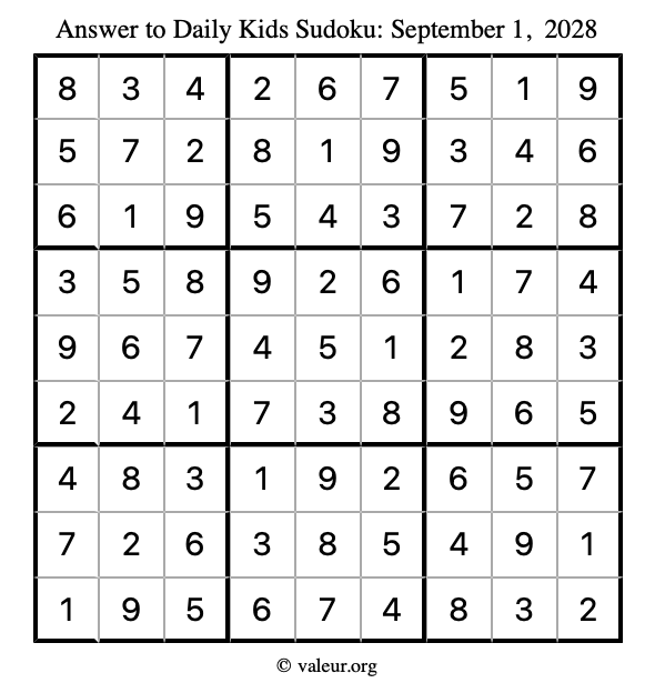 Answer to kids sudoku September 1, 2028