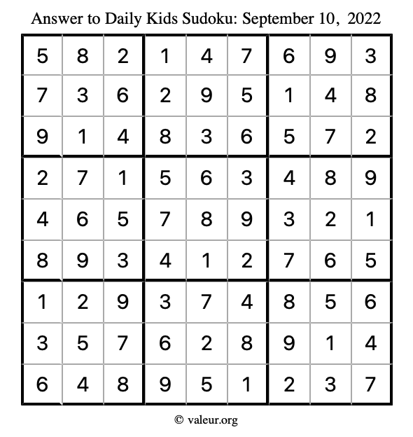 Answer to kids sudoku September 10, 2022