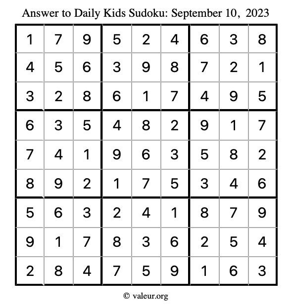 Answer to kids sudoku September 10, 2023