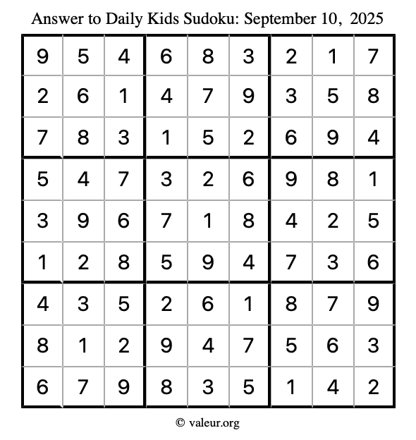 Answer to kids sudoku September 10, 2025