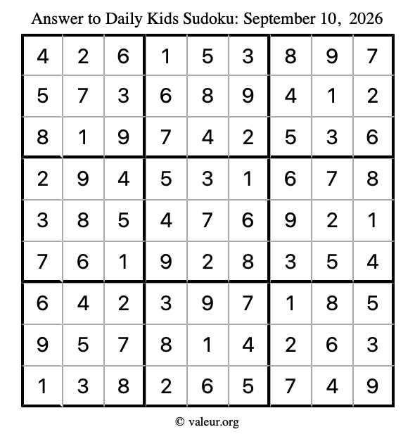 Answer to kids sudoku September 10, 2026