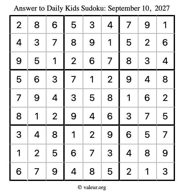 Answer to kids sudoku September 10, 2027