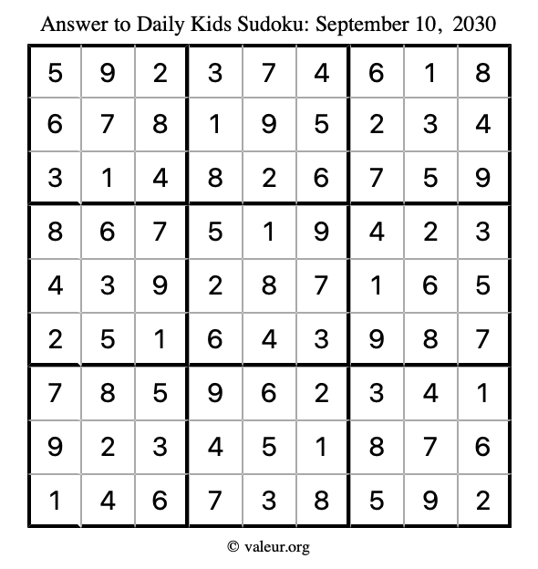 Answer to kids sudoku September 10, 2030