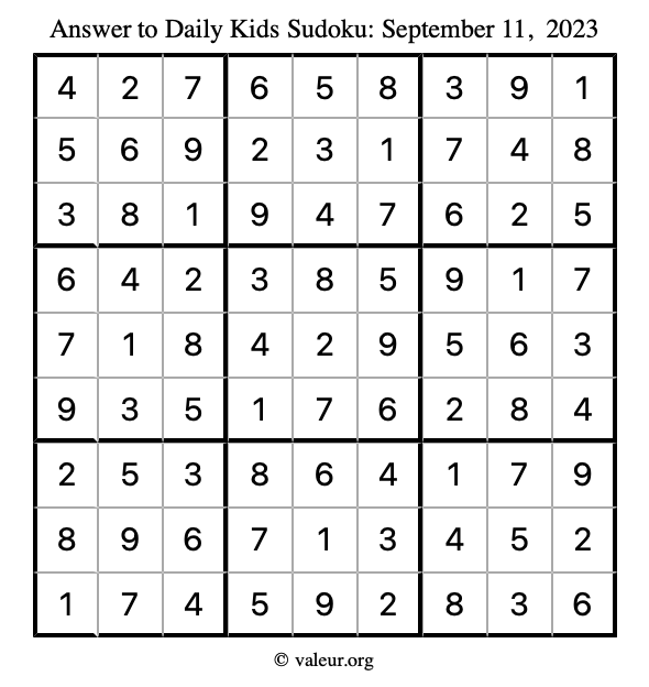Answer to kids sudoku September 11, 2023