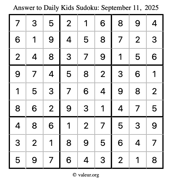 Answer to kids sudoku September 11, 2025