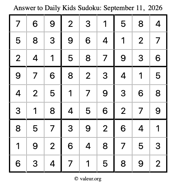 Answer to kids sudoku September 11, 2026