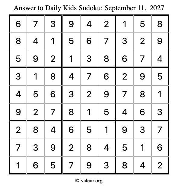 Answer to kids sudoku September 11, 2027