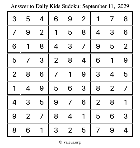 Answer to kids sudoku September 11, 2029