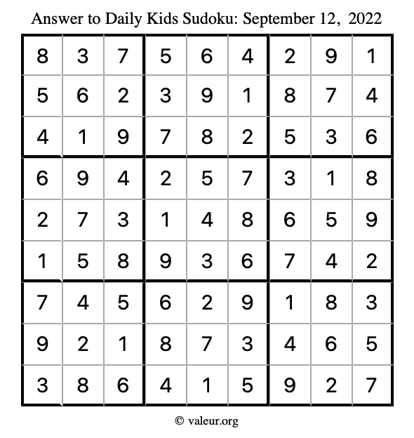 Answer to kids sudoku September 12, 2022
