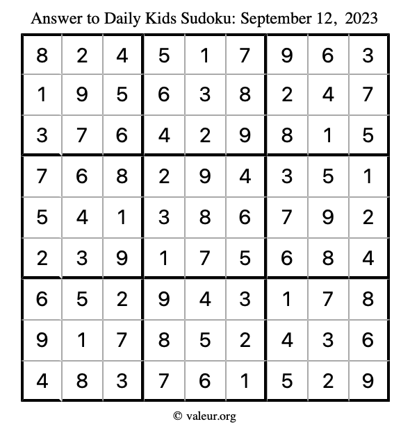 Answer to kids sudoku September 12, 2023