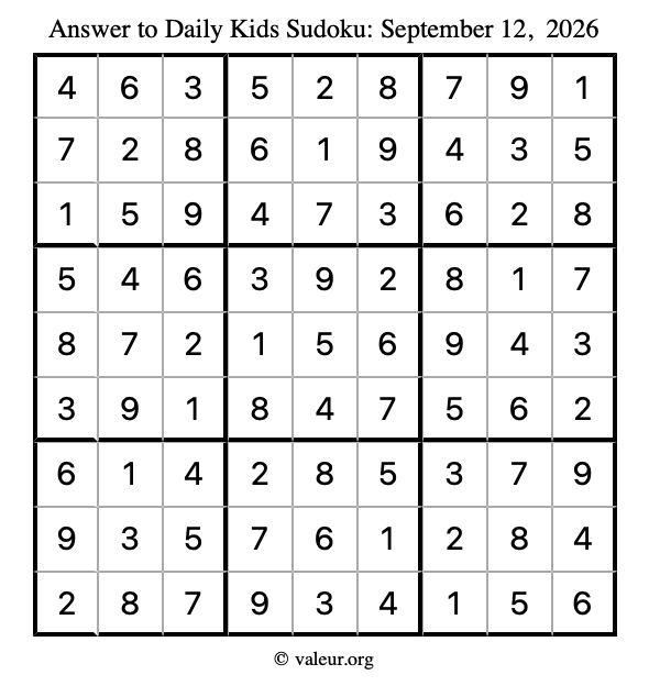 Answer to kids sudoku September 12, 2026