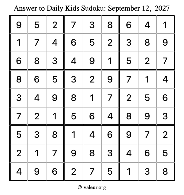 Answer to kids sudoku September 12, 2027