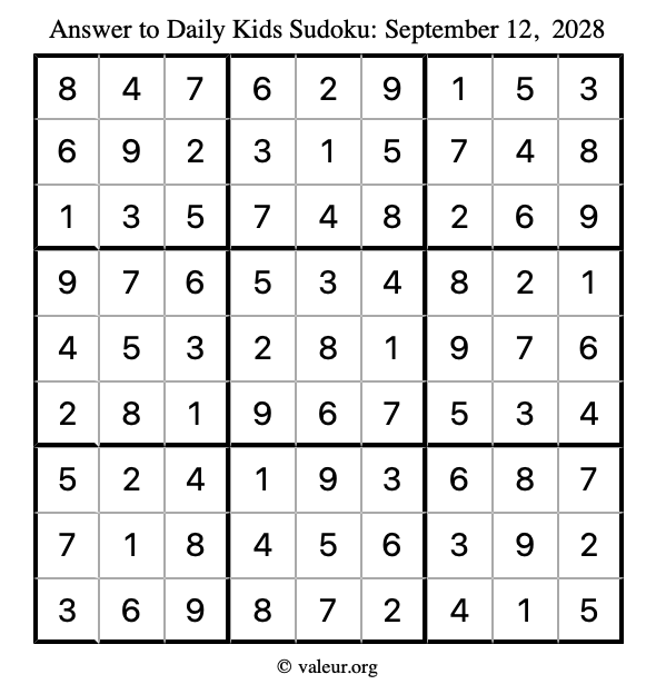 Answer to kids sudoku September 12, 2028