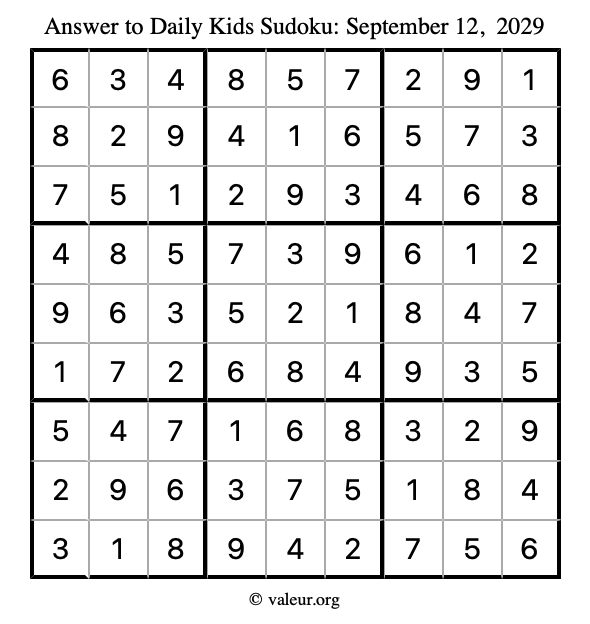 Answer to kids sudoku September 12, 2029