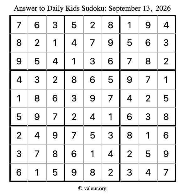 Answer to kids sudoku September 13, 2026