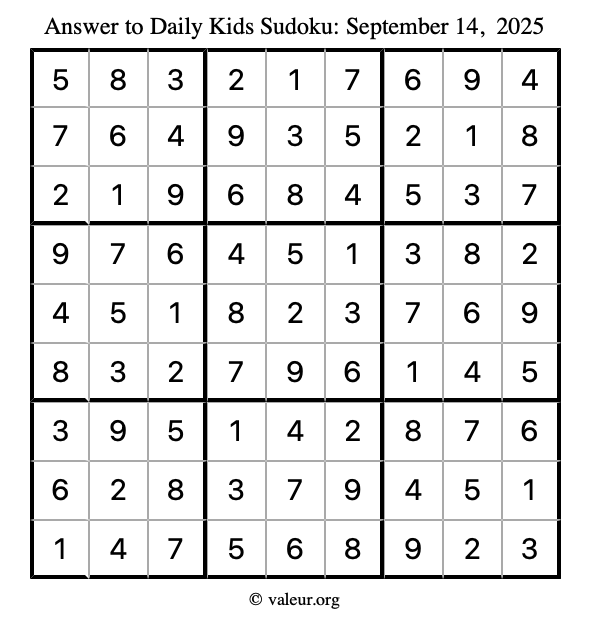 Answer to kids sudoku September 14, 2025