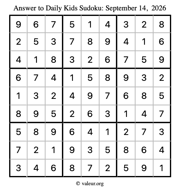 Answer to kids sudoku September 14, 2026