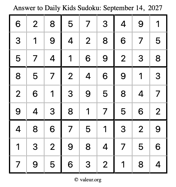 Answer to kids sudoku September 14, 2027