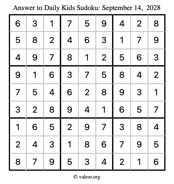Answer to kids sudoku September 14, 2028