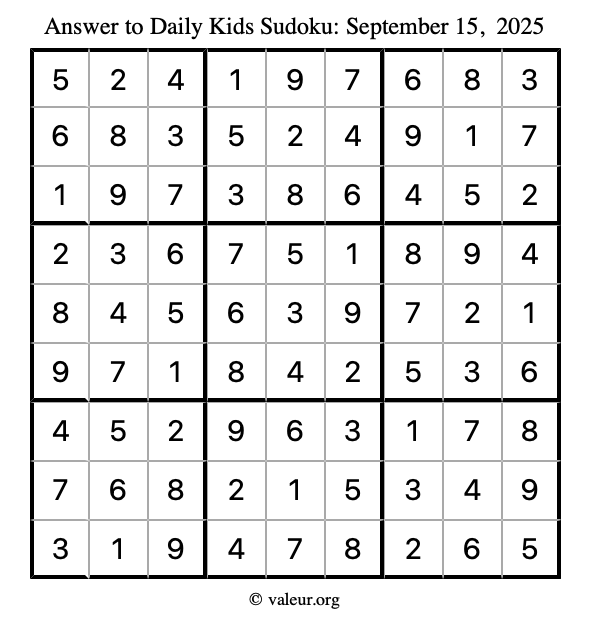 Answer to kids sudoku September 15, 2025