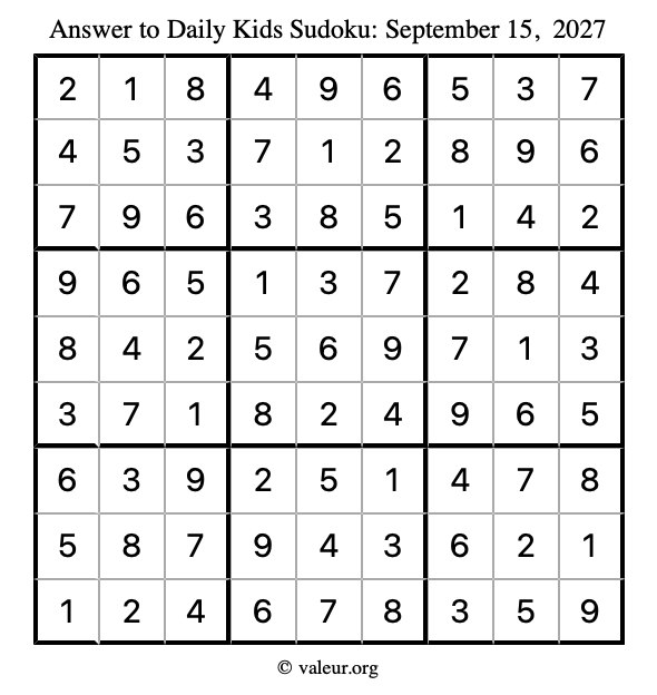 Answer to kids sudoku September 15, 2027