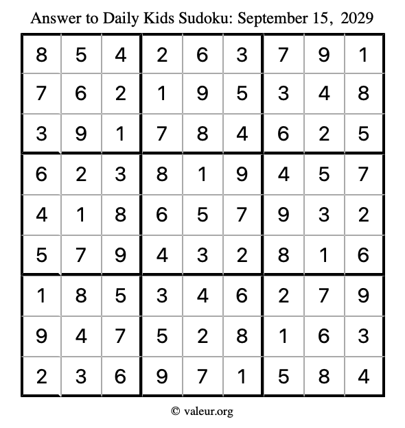 Answer to kids sudoku September 15, 2029