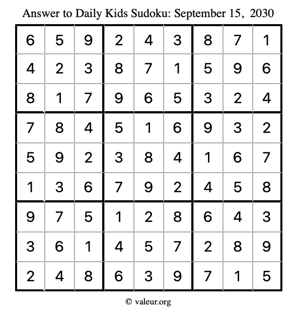Answer to kids sudoku September 15, 2030