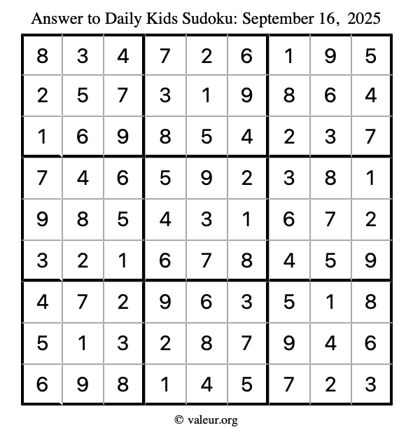 Answer to kids sudoku September 16, 2025