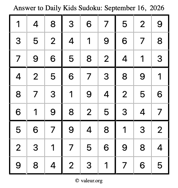 Answer to kids sudoku September 16, 2026