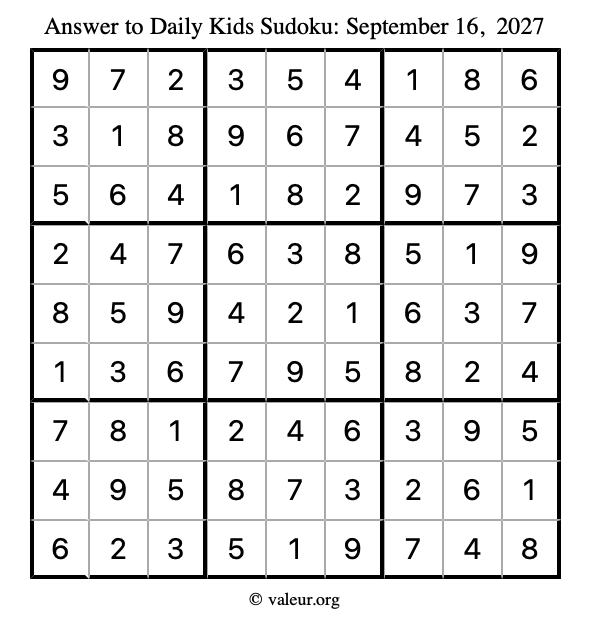 Answer to kids sudoku September 16, 2027