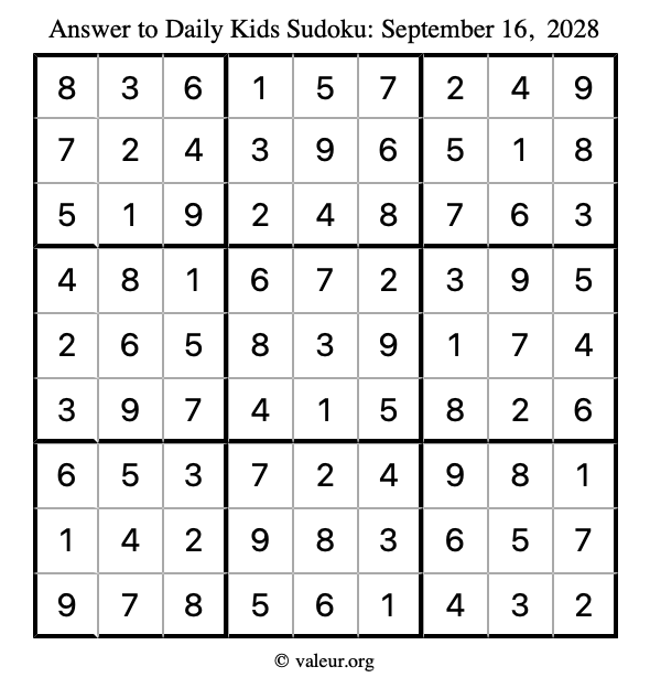 Answer to kids sudoku September 16, 2028