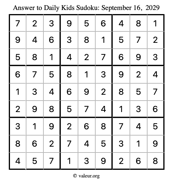 Answer to kids sudoku September 16, 2029