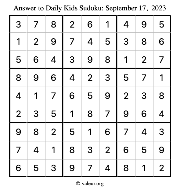 Answer to kids sudoku September 17, 2023