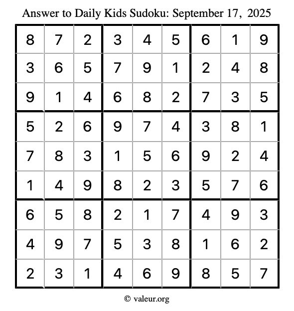 Answer to kids sudoku September 17, 2025